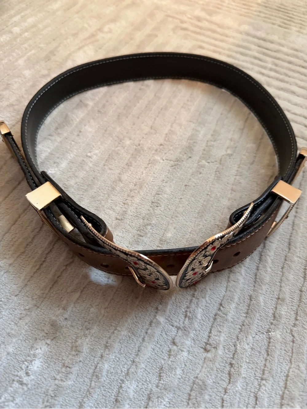 Women's Brown Leather Double Western Buckle Belt with Silver Floral Accents